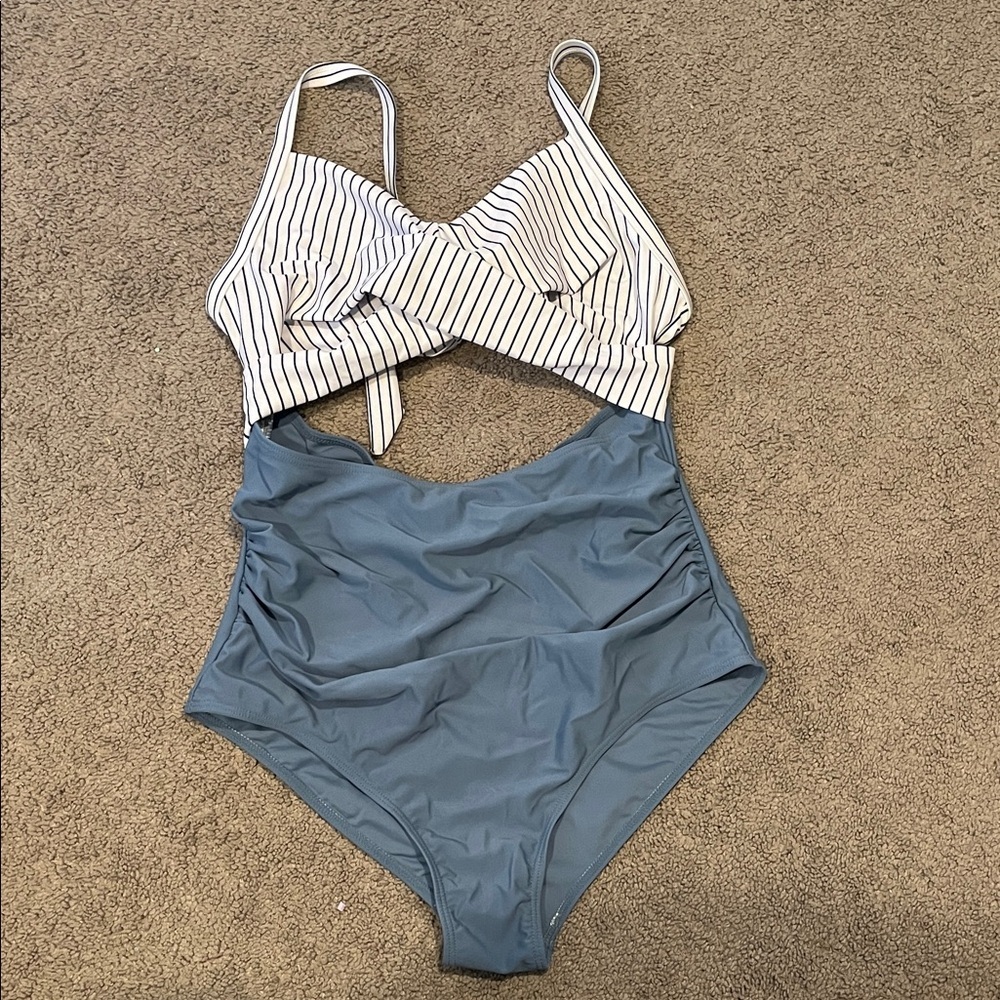 Striped Cutout Blue White Coastal One-Piece Swimsuit Large